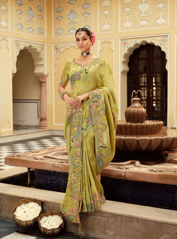 Olive Green Ziraf Traditional Saree with Silk Blouse & Embroidery Work - 7807